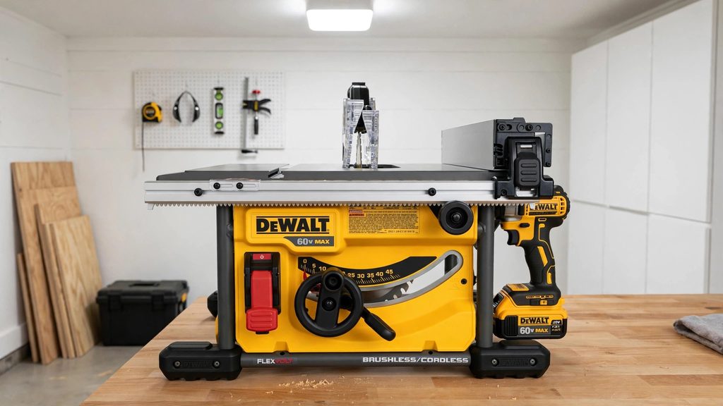 best battery table saw for small 1 car garage for no 220v outlet Dewalt 60V MAX